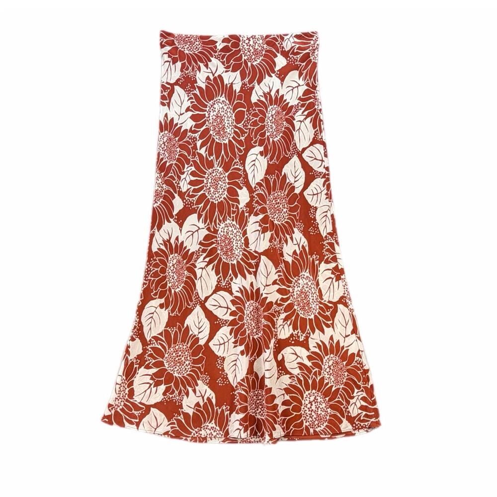 Madewell Orange White Sunflower Floral 100% Silk Fall Cottagecore Midi Skirt